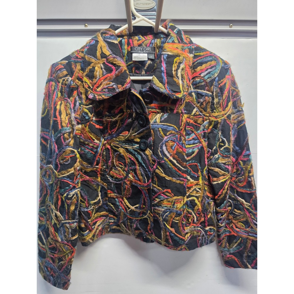 City Girl Nancy Bolen Multi Color Abstract Yarn Wool Blend Button Jacket Small